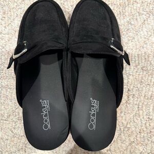 Corkys Black Suede Slip-On Mules with Silver Buckle